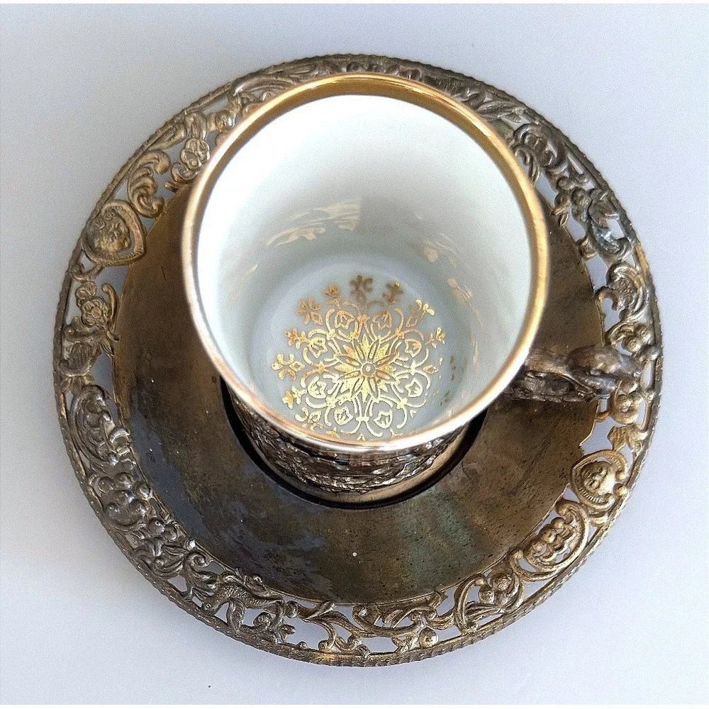 Antique Vienna‑Style Porcelain Cup w/ Ornate Silverplate Holder & Saucer